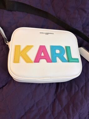 Karl Lagerfeld White Crossbody Bag with Yellow Pink Blue Green KARL Appliqué